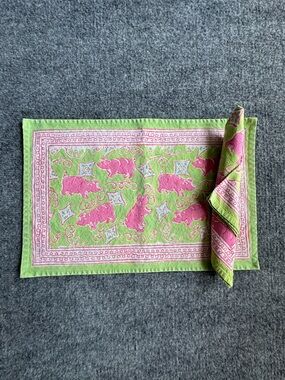 POMEGRANATE Green Pink Pig Cotton Placemats and Napkins Set of 5 each